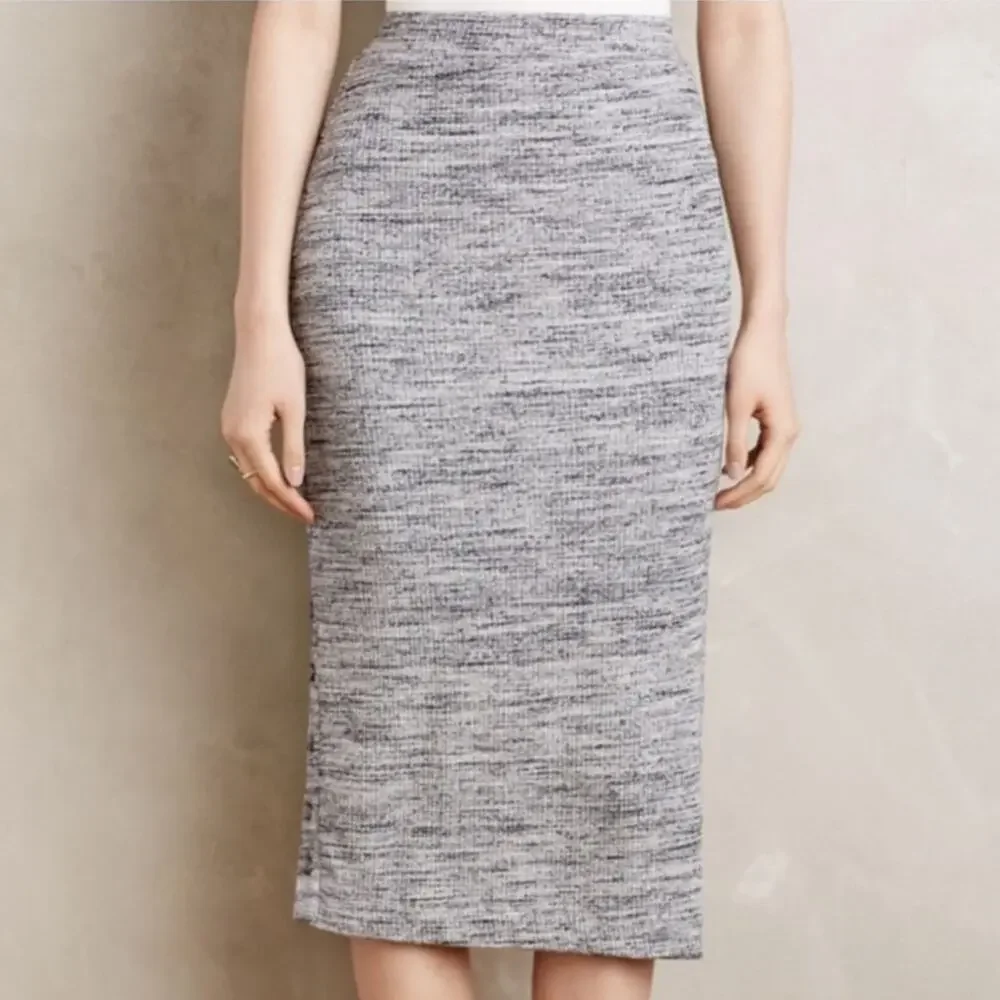 Maeve Anthropologie Rib Knit Stretch Button Column Midi Skirt Gray Size S